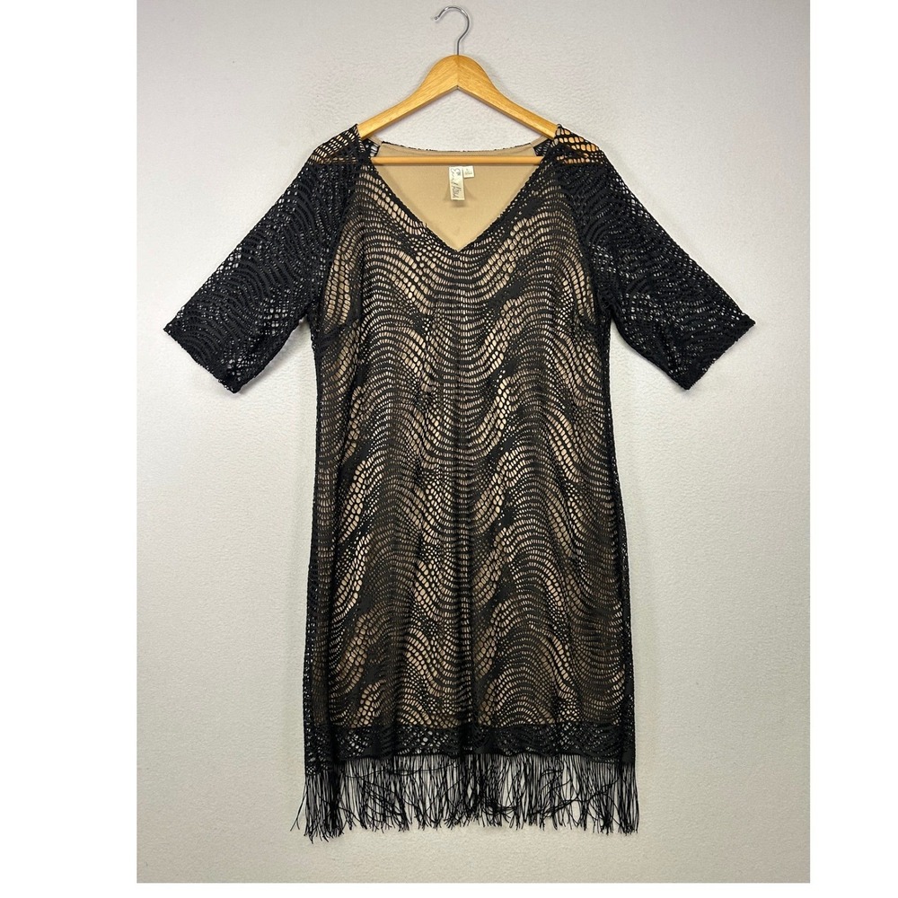 Boho Chic Emma & Michele Womens XL Black Crochet Fringe V-Neck Shift Dress
